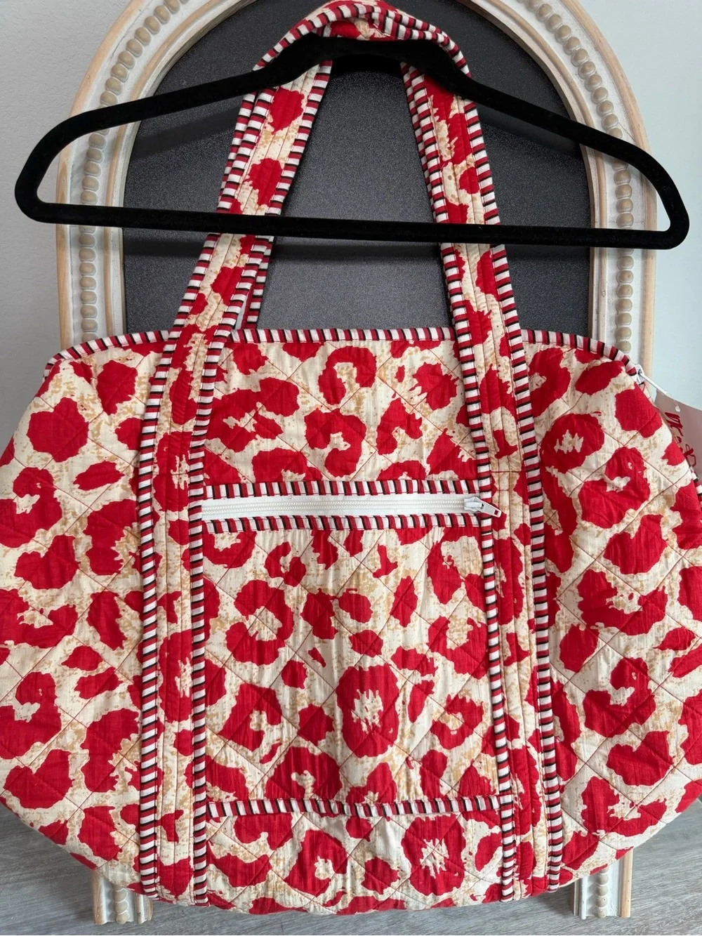 Red Leopard Quilted Zip Travel Tote Carry-All Boutique Lined Pickets Handle Bag